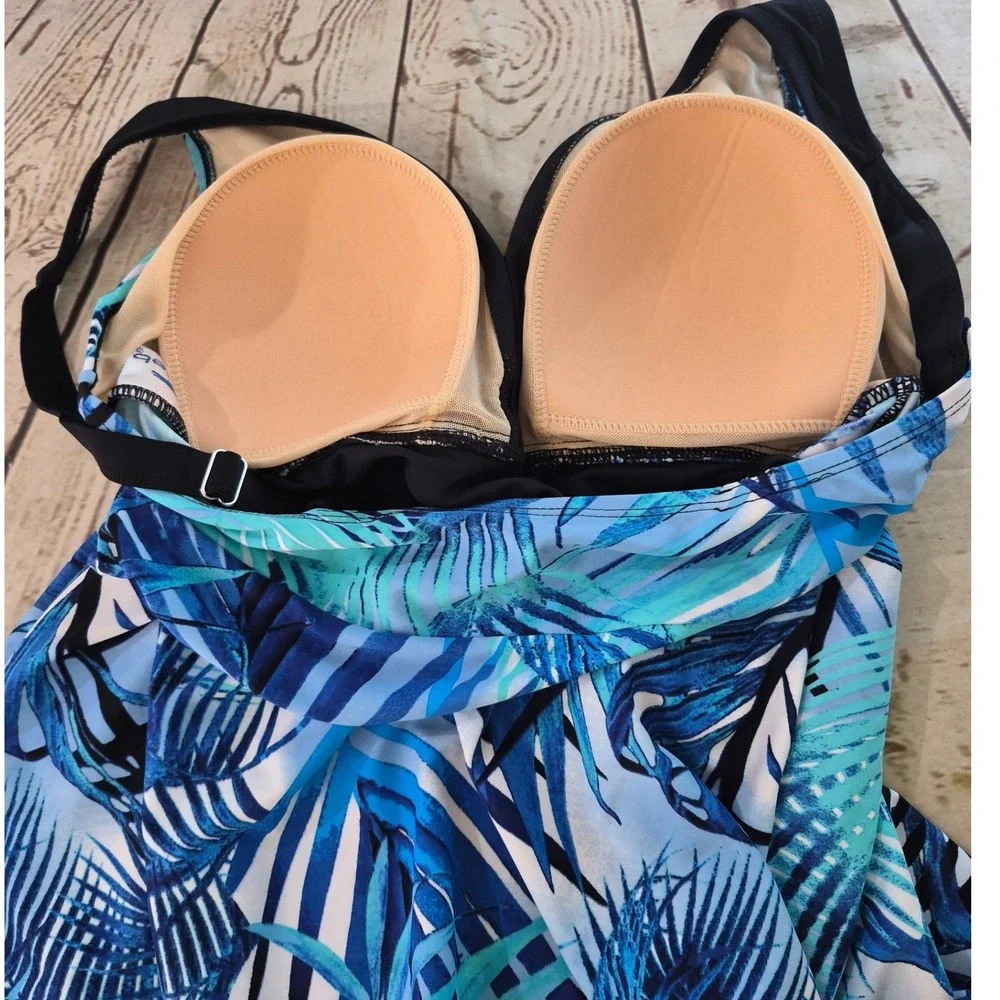 Ceeb Womens Tropical Palm Leaf Tankini Swim Top Blue Turquoise